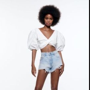 Zara embroidered white puff sleeve top